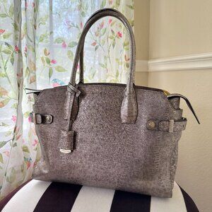 Henri Bendel Carlyle Metallic Pewter Lizard Print Large Leather Satchel Bag